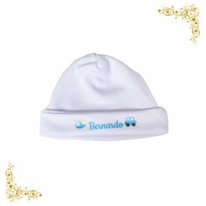 touca-personalizada para meninas-em-malha-branco-azul-bebê