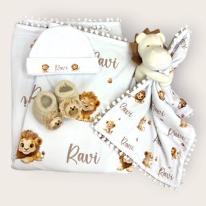 Kit Presente Personalizado – Manta Plush, Naninha, Touca e Sapatinho Tricô Personalizado
